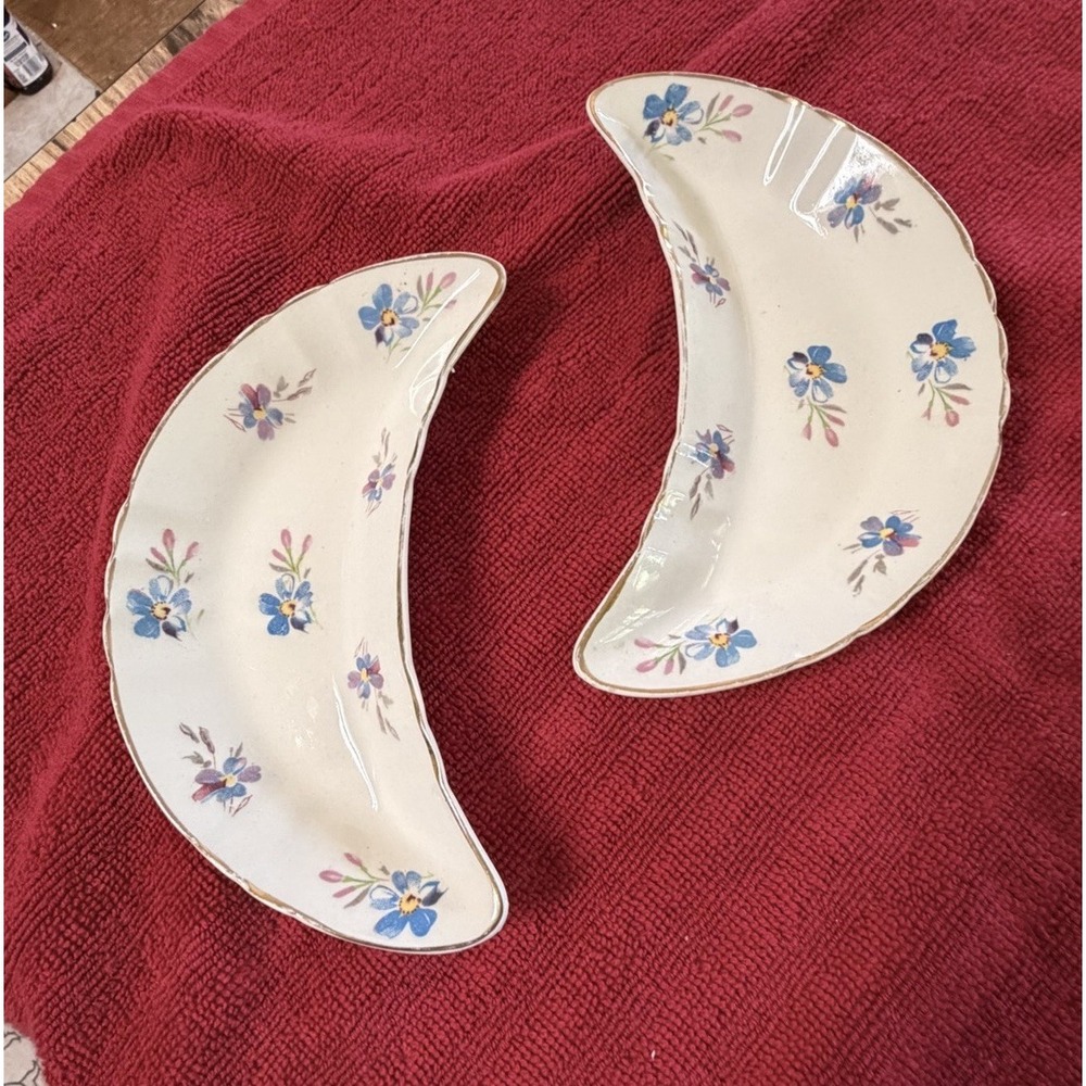 Pair Royal Staffordshire Crescent Bone Dishes Forget Me Nots 6.5" Half Moon